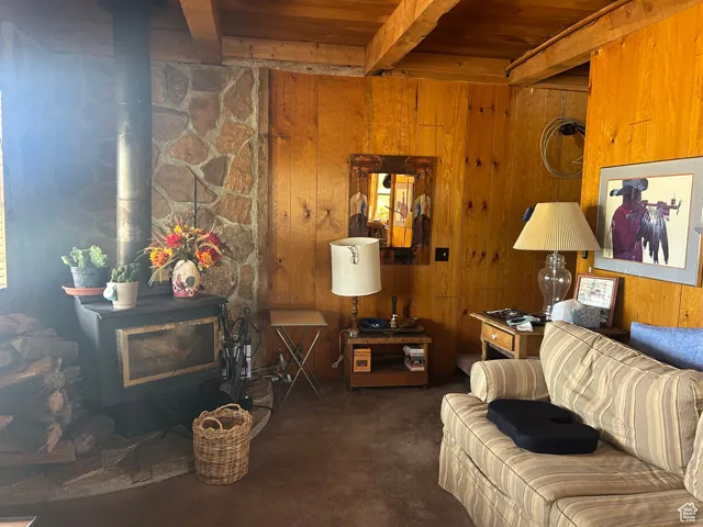 Living area featuring a wood stove, carpet, wooden walls, and a wooden ceiling with exposed beams