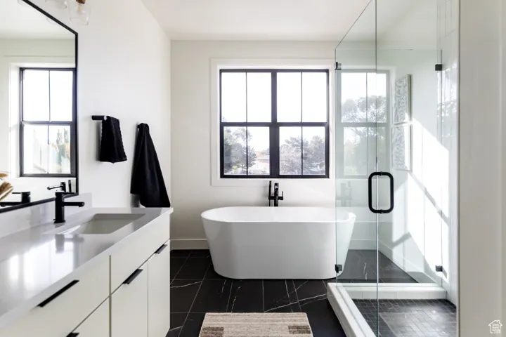 Bathroom featuring vanity, a freestanding tub, healthy amount of natural light, and a shower stall