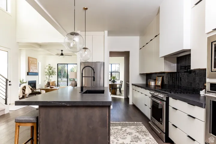 Kitchen with dark countertops, modern cabinets, and stainless steel appliances