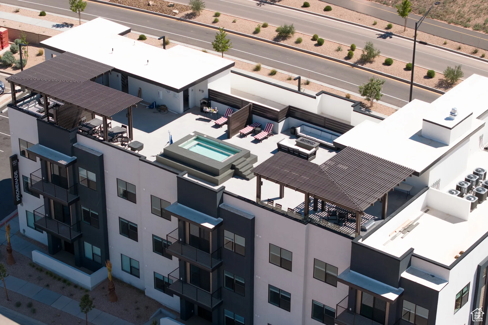 Drone / aerial view of a pool area
