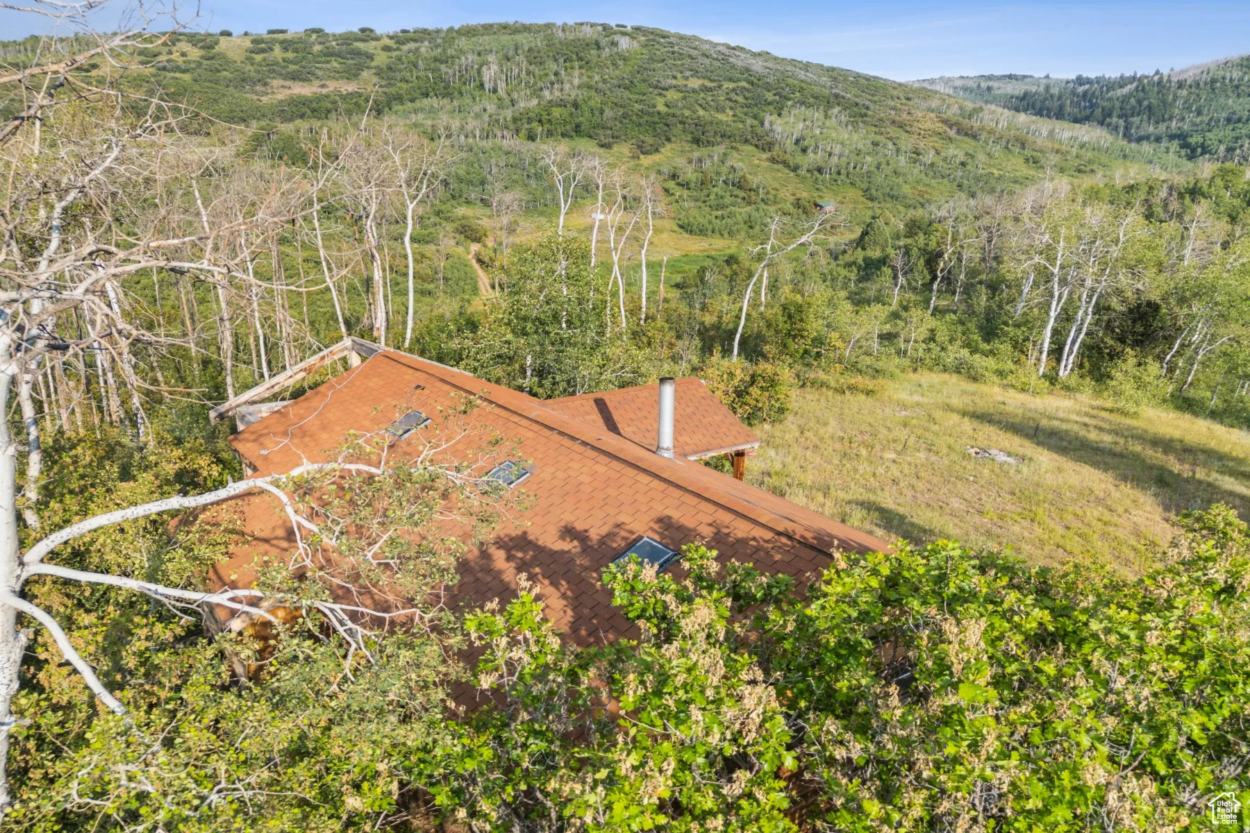 View of subject property featuring a heavily wooded area and mountains