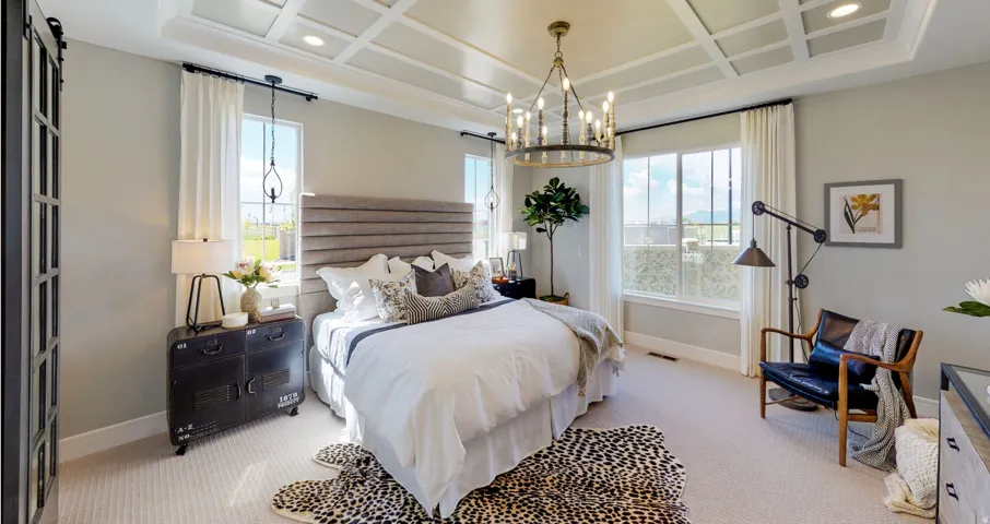 Bedroom with carpet flooring, recessed lighting, and coffered ceiling