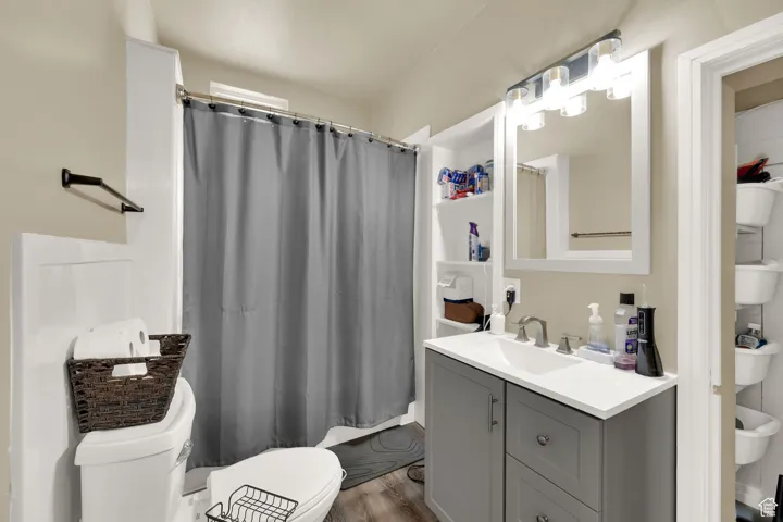 Bathroom featuring vanity, wood finished floors, and a shower with shower curtain