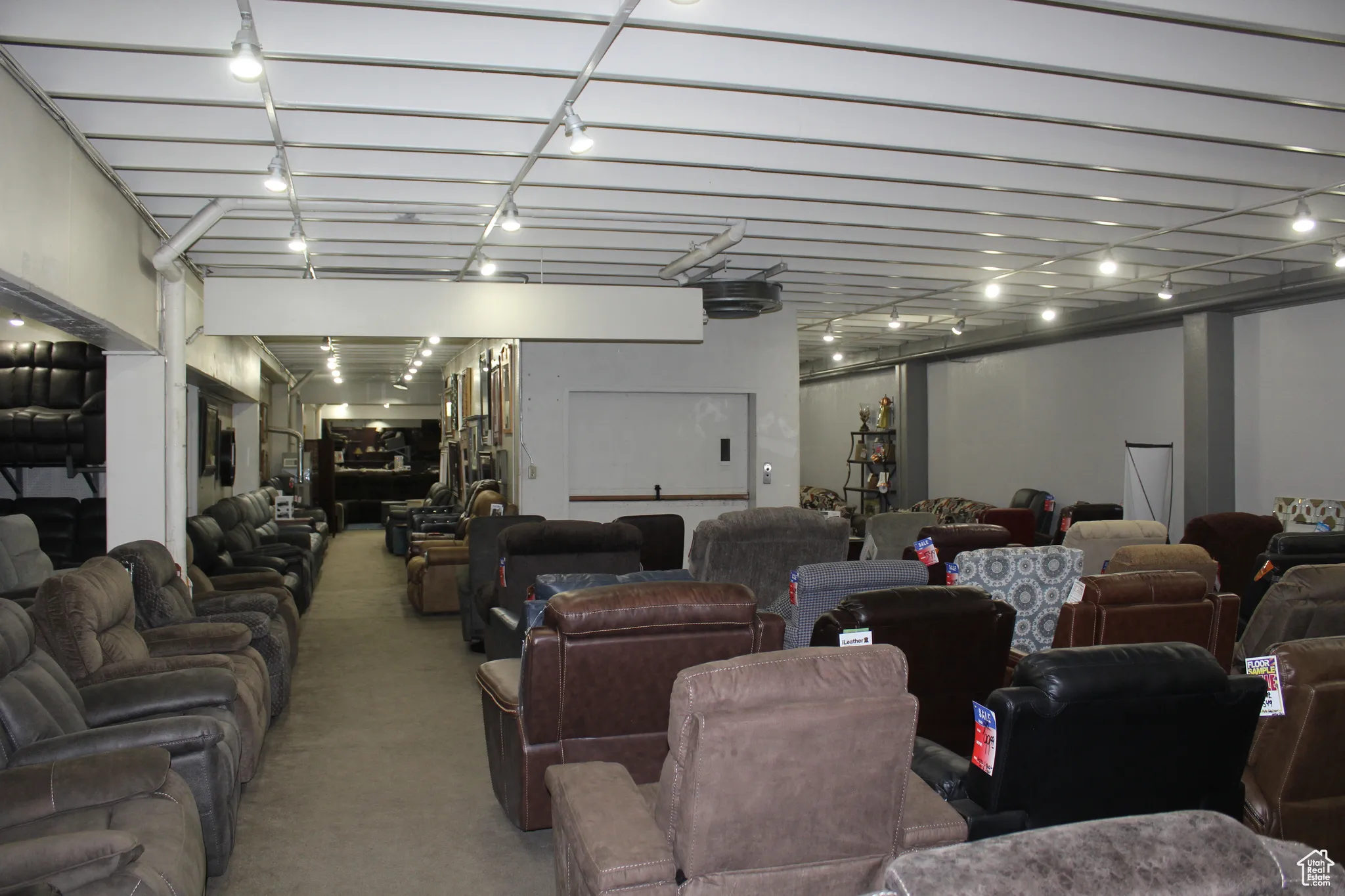 Carpeted living room featuring rail lighting