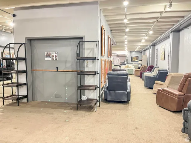 Below grade area featuring track lighting and light carpet