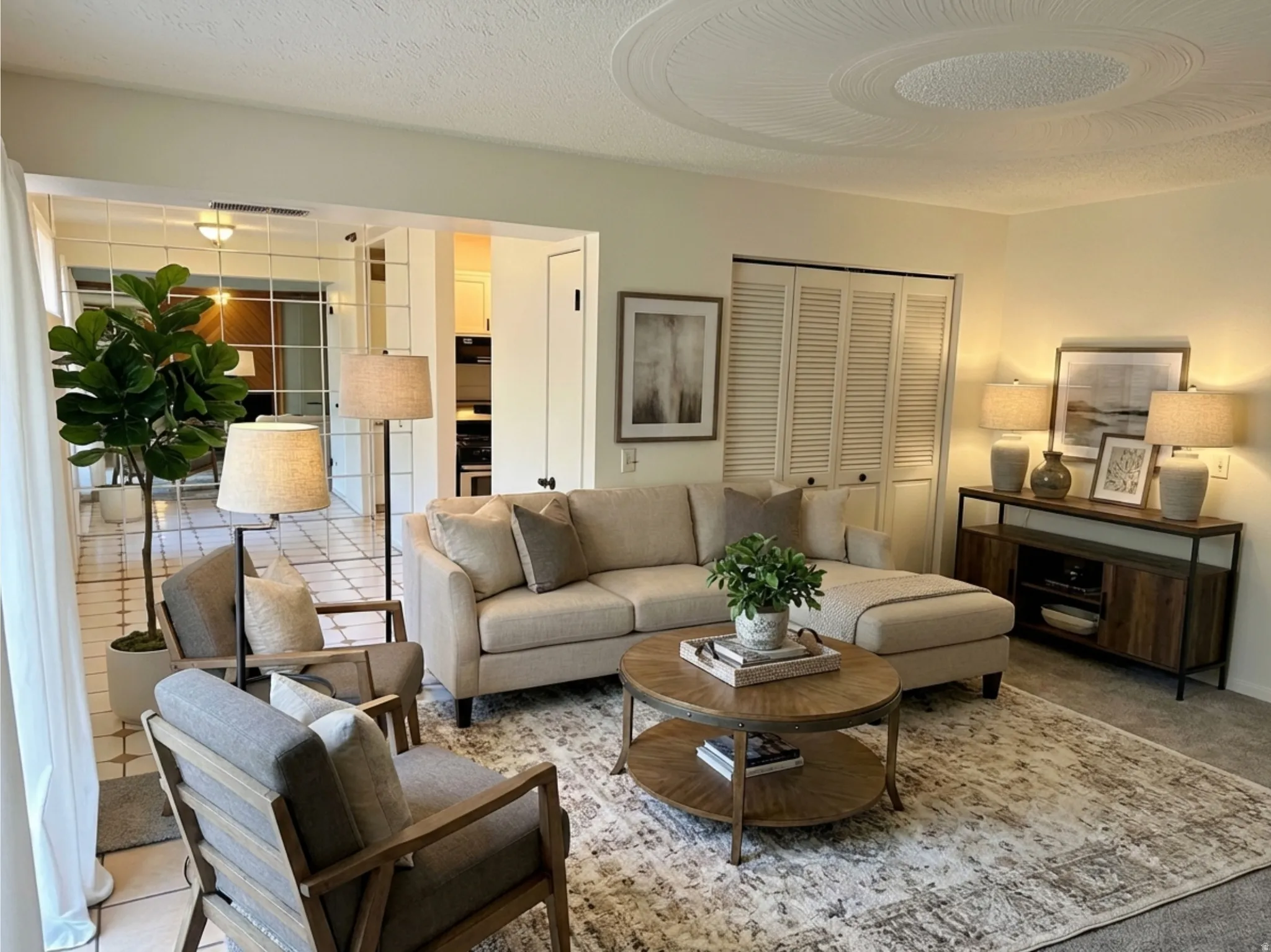 Living room with Bedroom with  AI generated furniture to show options & scale.