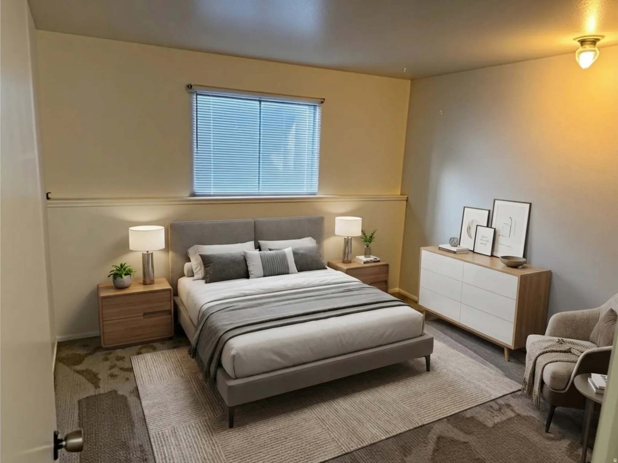 Bedroom with  AI generated furniture to show options & scale.