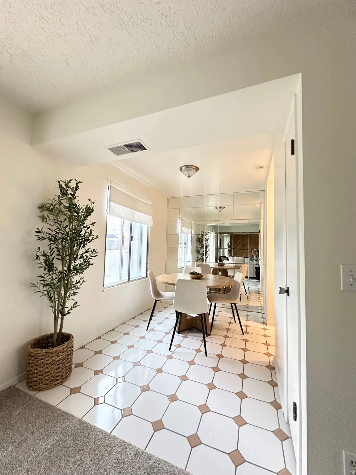 Dining room with a textured ceiling