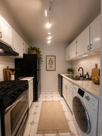 Galley kitchen featuring white cabinetry with dark hardware, black appliances, track lighting, subway tile backsplash, and patterned tile flooring