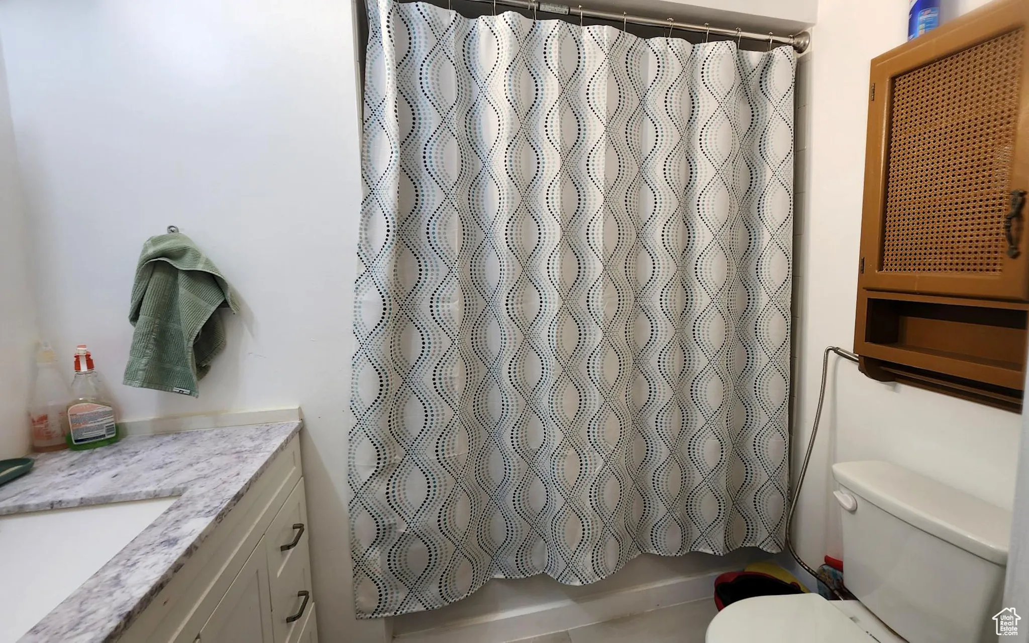 Bathroom with vanity and a shower with curtain
