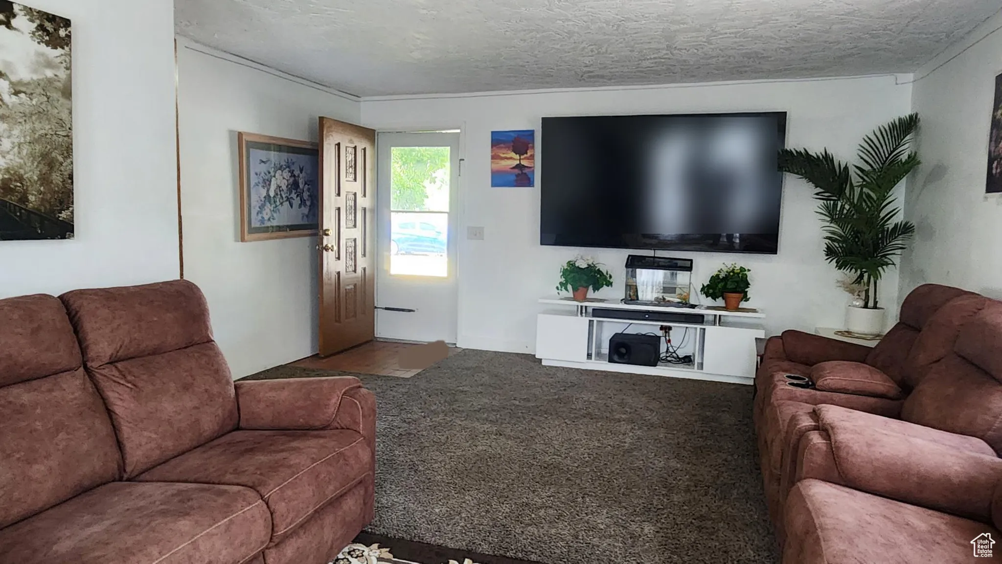 Carpeted living room featuring a textured ceiling