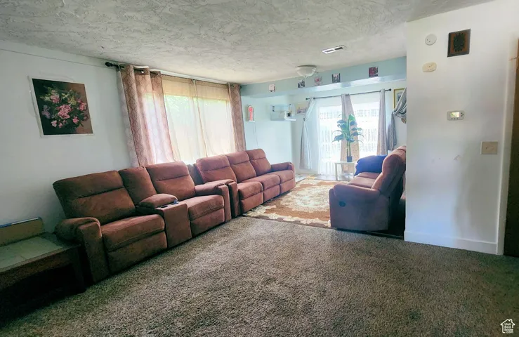 Carpeted living area with a textured ceiling