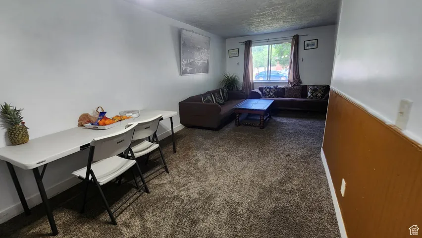 Carpeted living area with a textured ceiling and baseboards