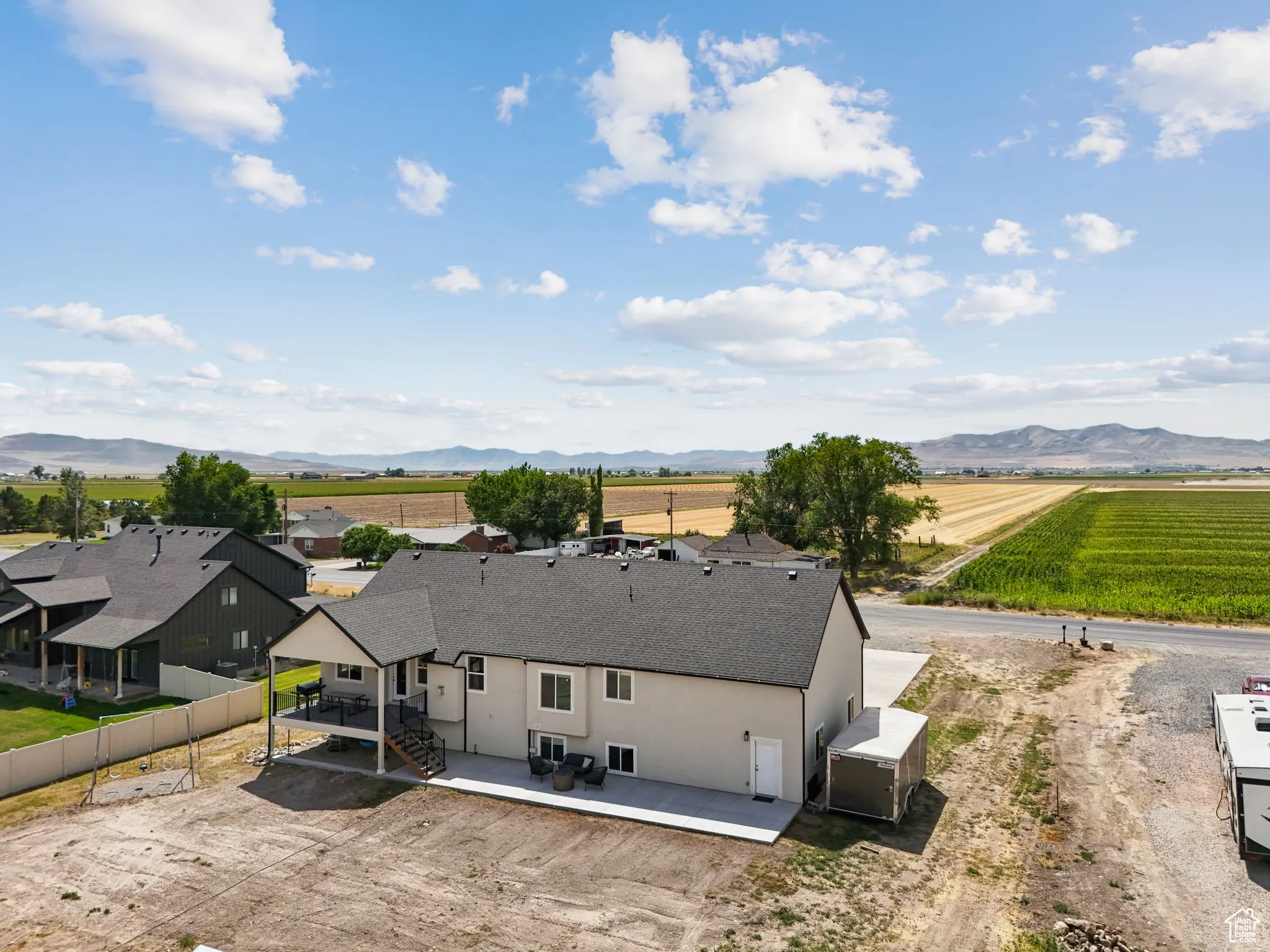 Overview of rural landscape featuring mountains