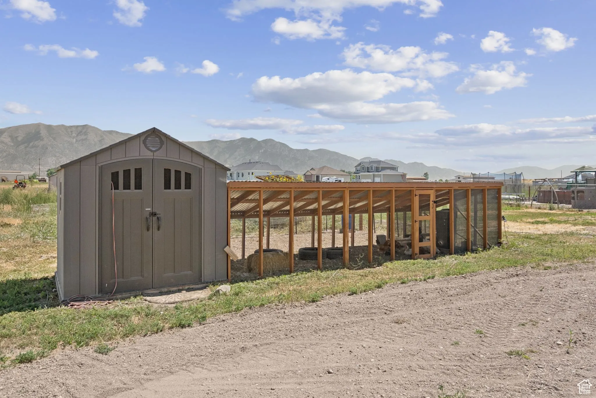 View of shed featuring a mountain view