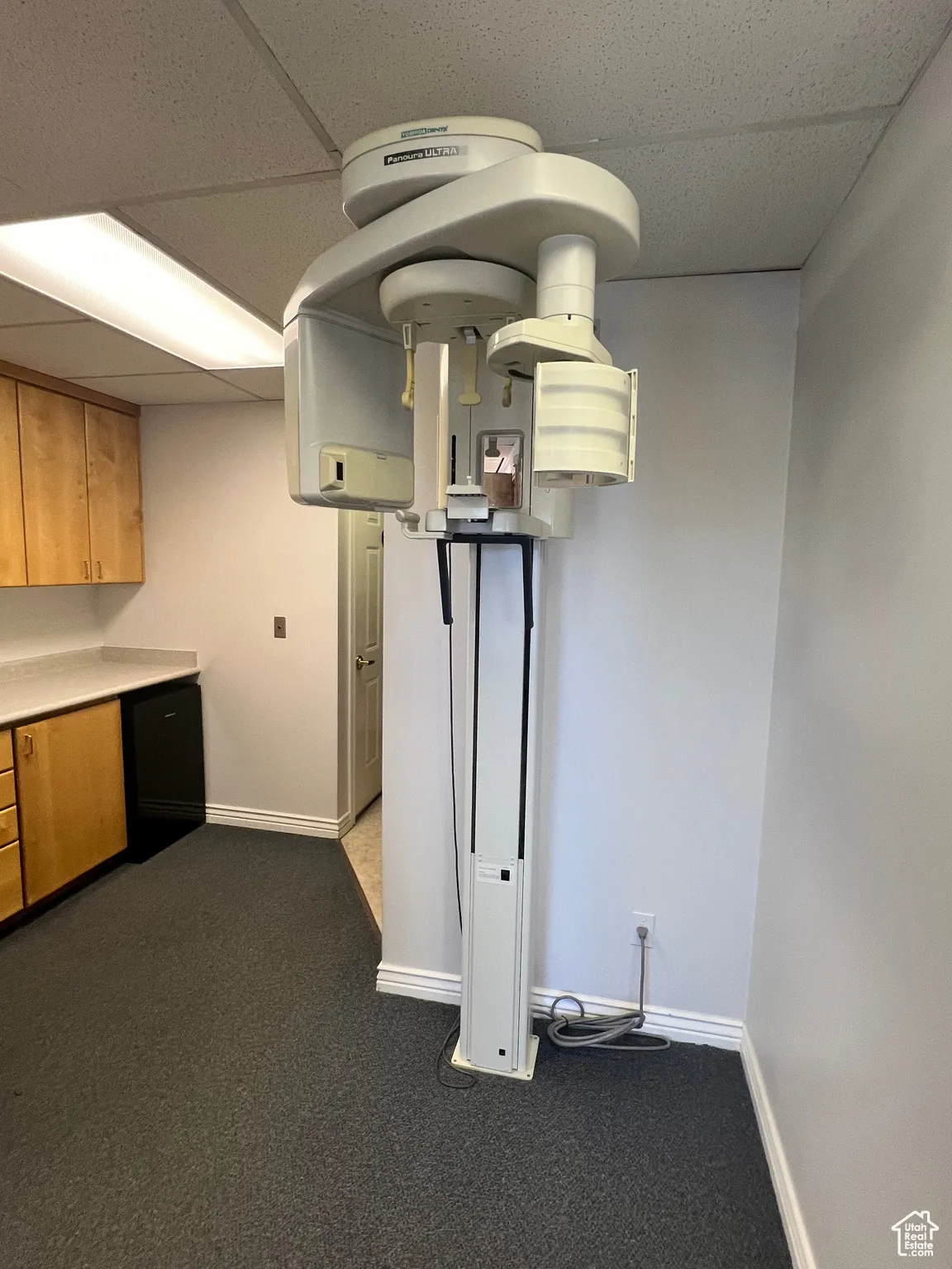 Kitchen featuring a paneled ceiling, carpet flooring, and light countertops