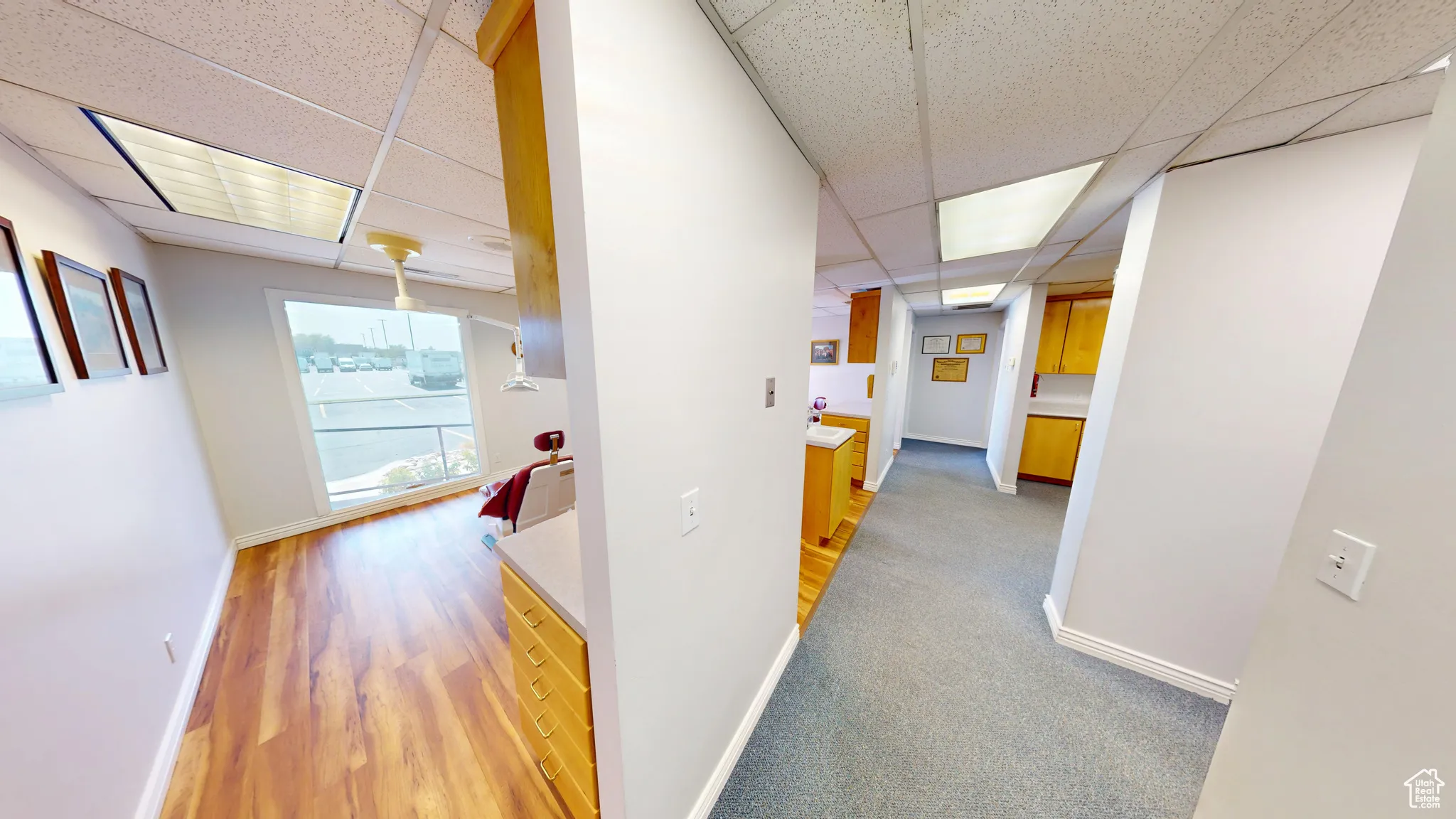 Hall featuring a paneled ceiling, light wood finished floors, and light colored carpet