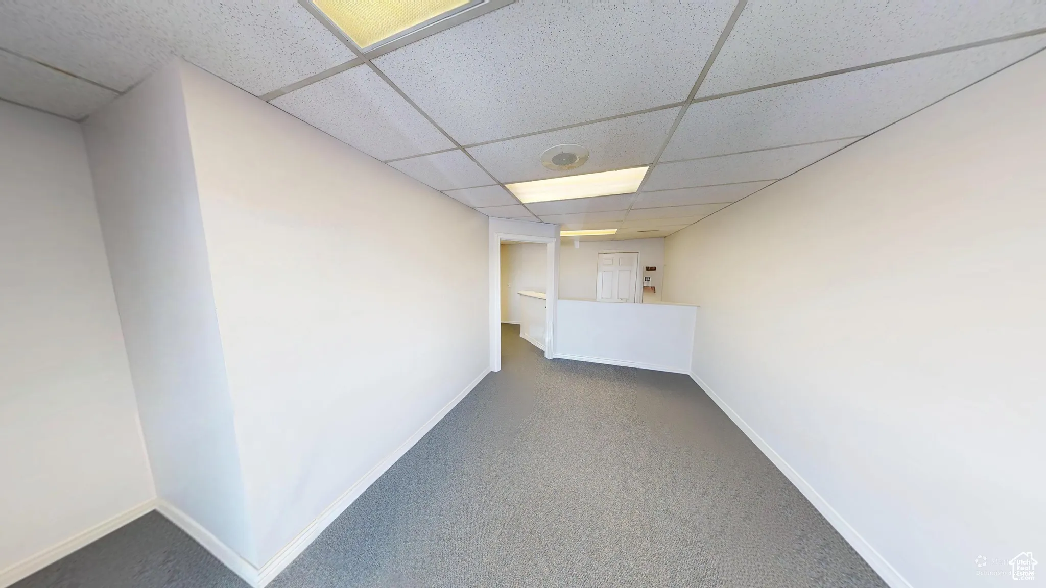Basement featuring carpet floors and a paneled ceiling