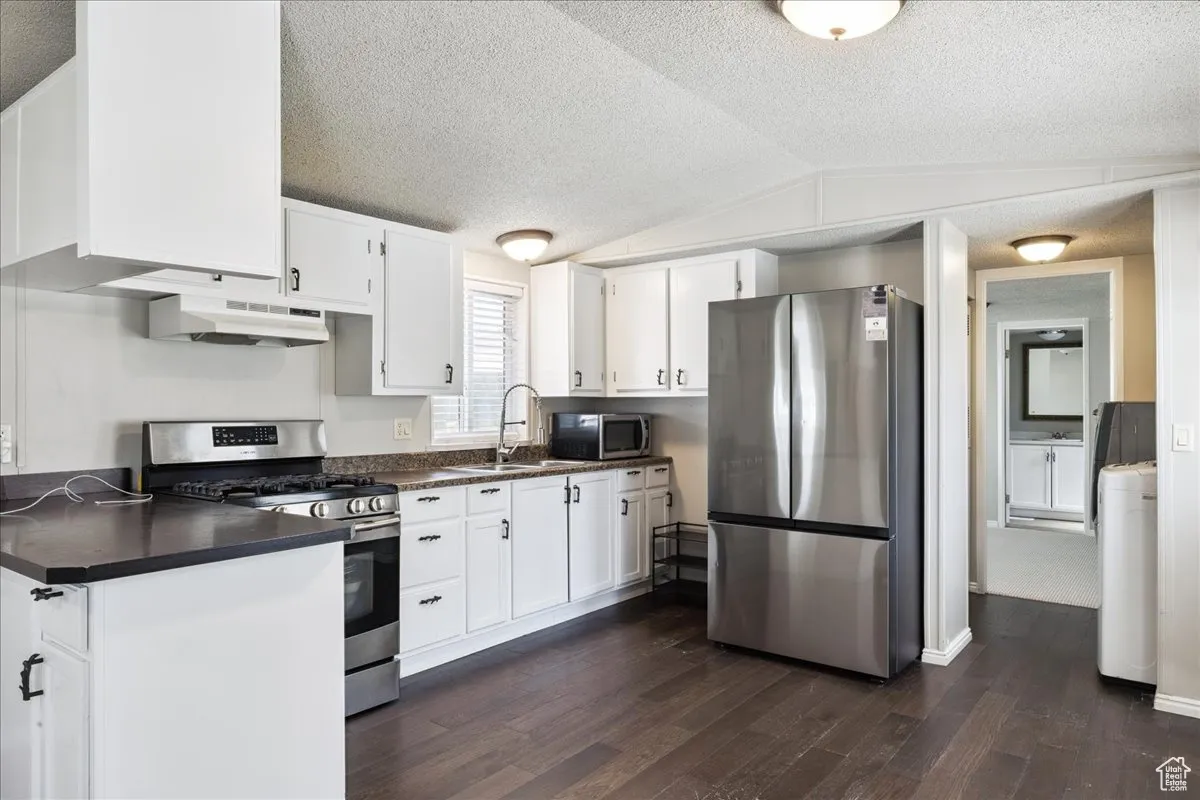 Kitchen with appliances with stainless steel finishes, dark countertops, vaulted ceiling, a textured ceiling, and dark wood-style flooring