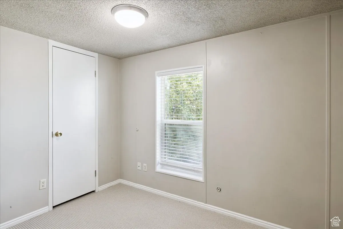 Spare room featuring a textured ceiling and light colored carpet
