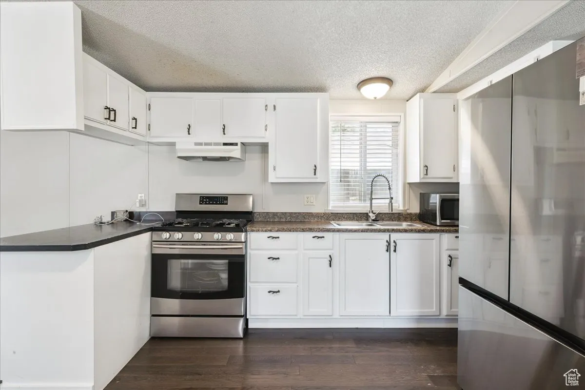 Kitchen featuring stainless steel appliances, a textured ceiling, dark countertops, dark wood-type flooring, and white cabinetry