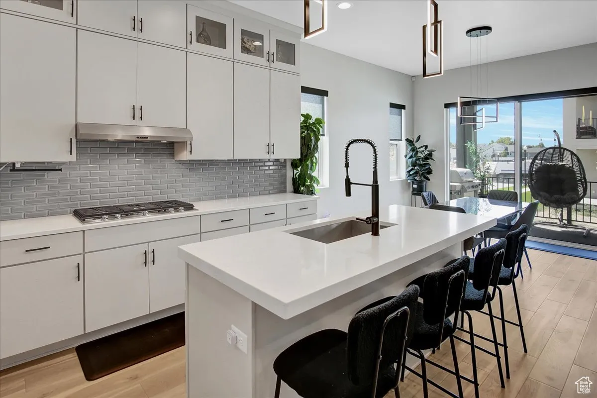 Kitchen with light wood-style flooring, plenty of natural light, light countertops, and recessed lighting