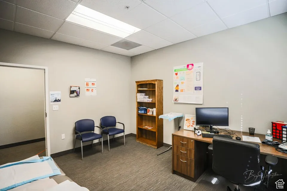 Carpeted office space featuring a paneled ceiling and baseboards