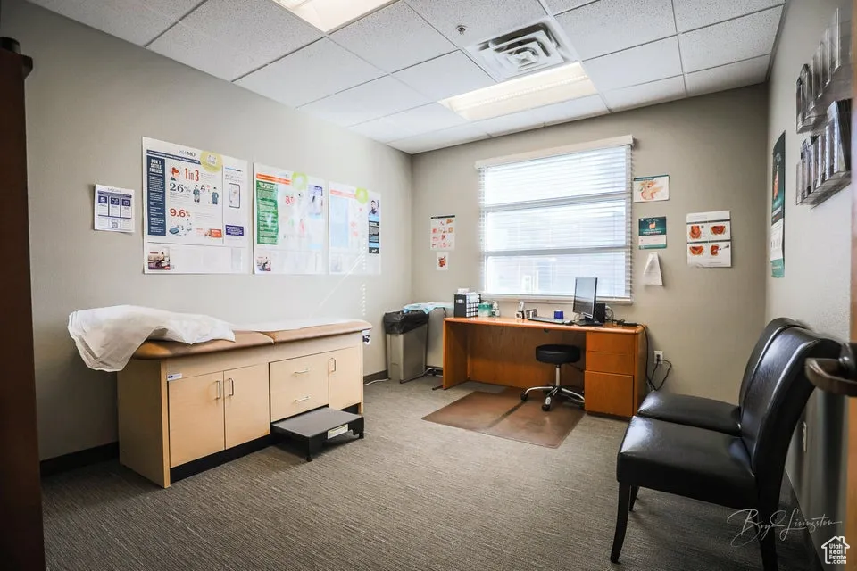 Office featuring a paneled ceiling and carpet floors