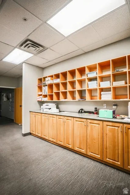 Kitchen with a drop ceiling, open shelves, dark carpet, and light countertops
