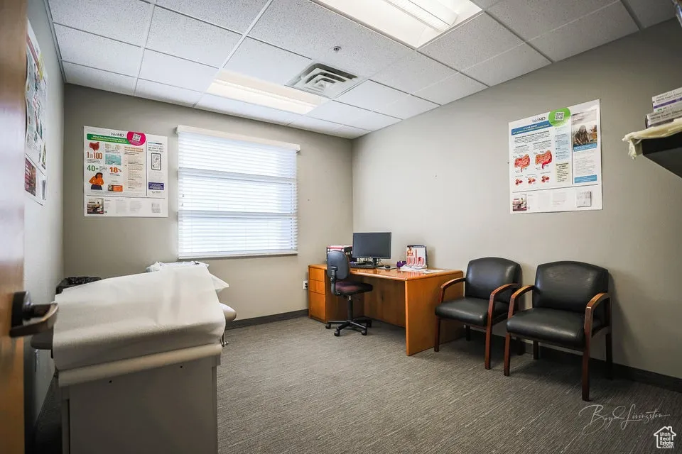 Office space featuring a drop ceiling and carpet