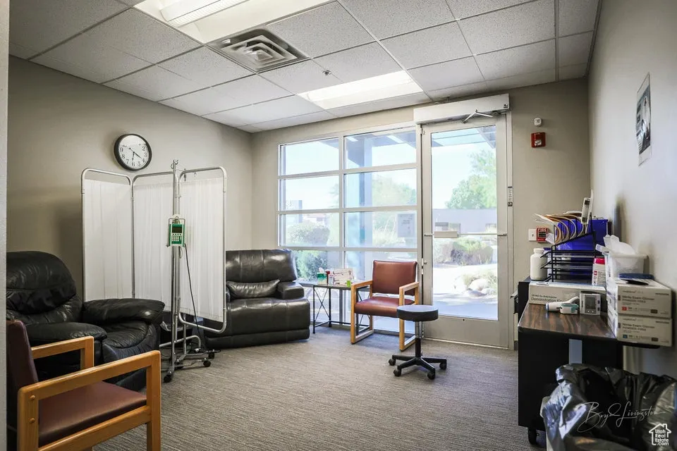 Sitting room with a paneled ceiling, healthy amount of natural light, and carpet floors