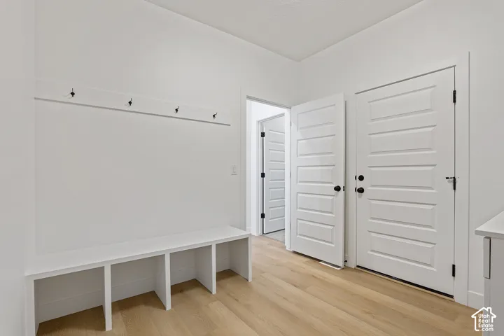 Mudroom with light wood-style floors