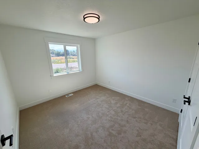 Room featuring light neutral carpeting, white walls, a modern ceiling light fixture, and a window with white trim