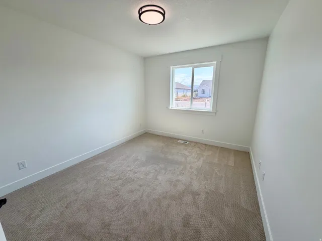 Neutral wall paint and carpeting throughout