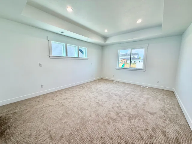 Spacious interior room featuring a tray ceiling with recessed lighting, plush carpeting, multiple windows for ambient light, and white trim
