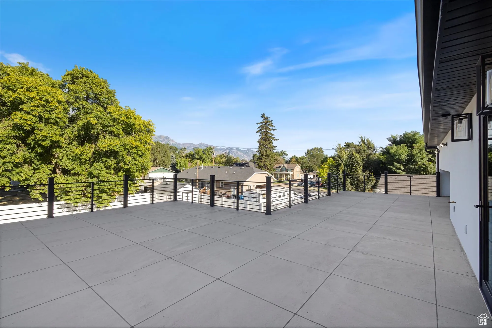 View of patio with a mountain view