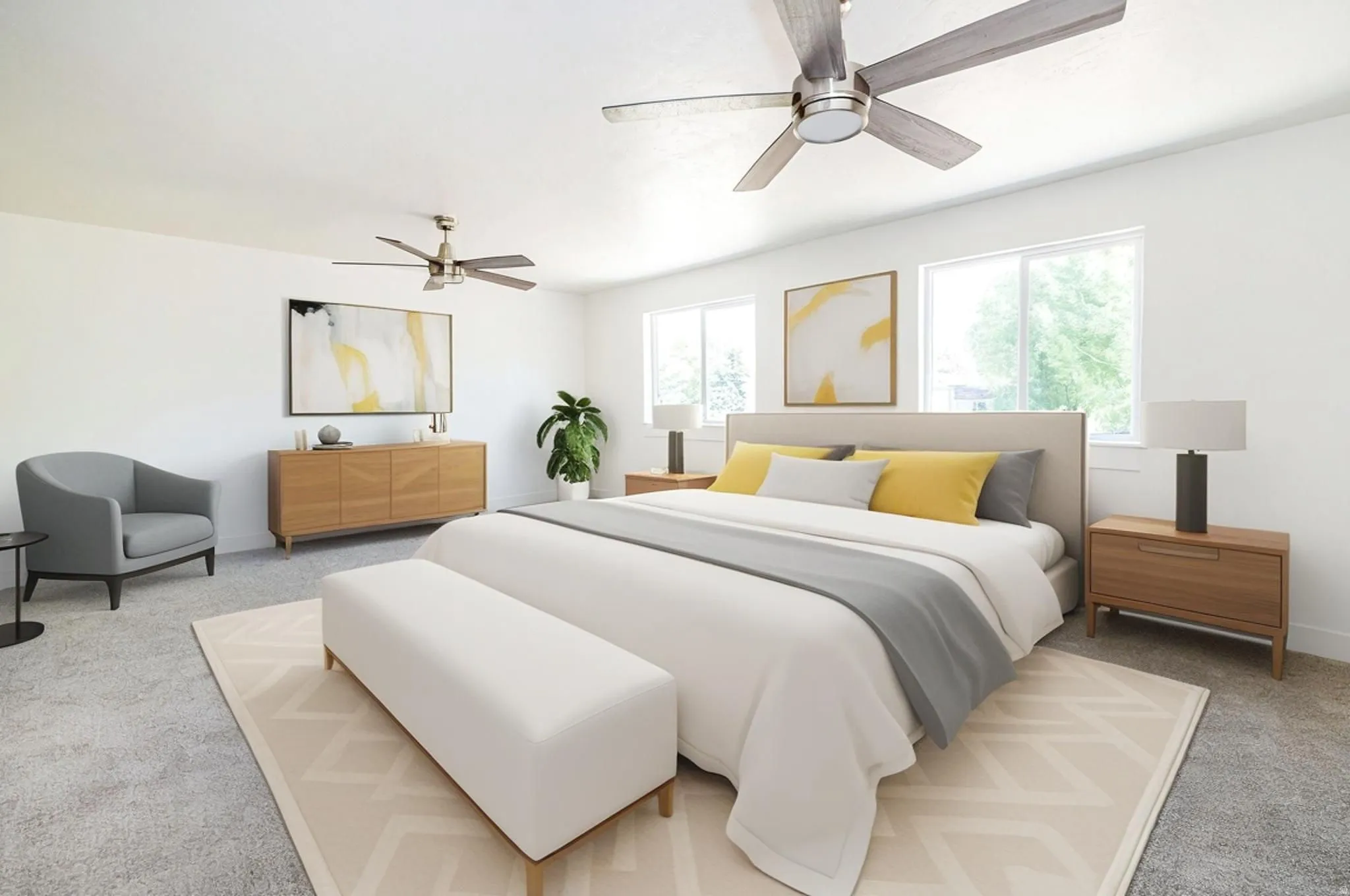 Bedroom with light colored carpet and a ceiling fan