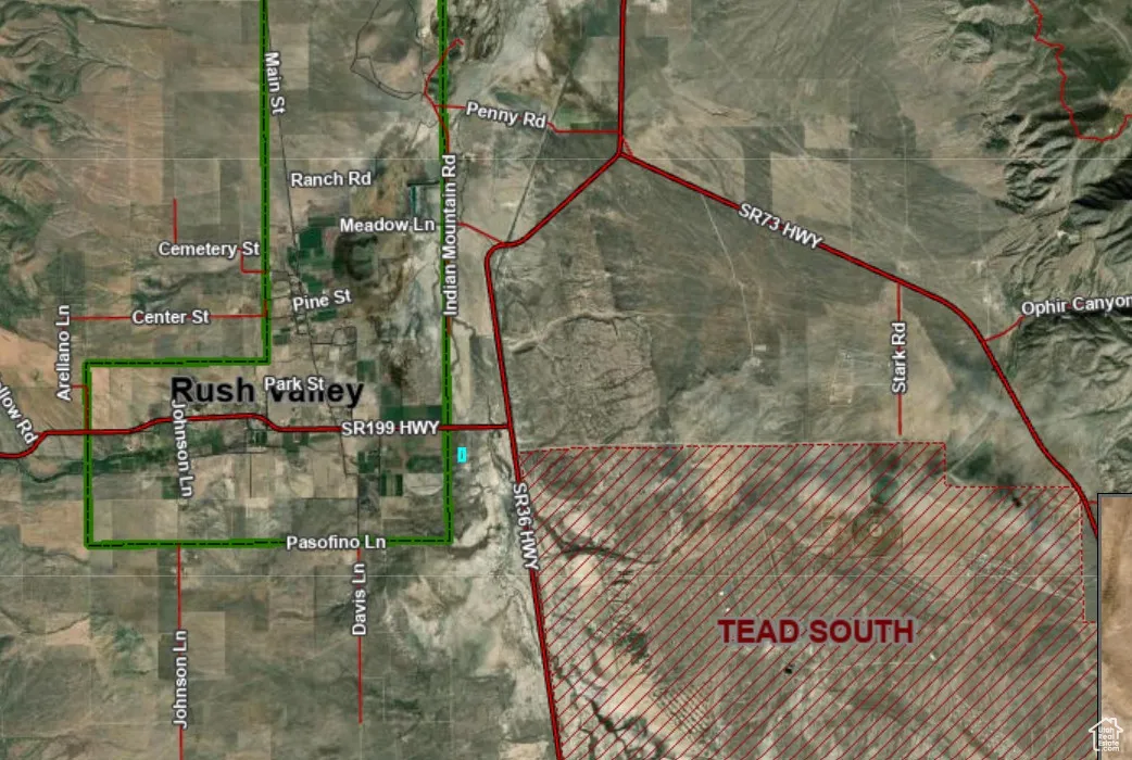 Aerial map of property and surrounding area with property parcel outlined