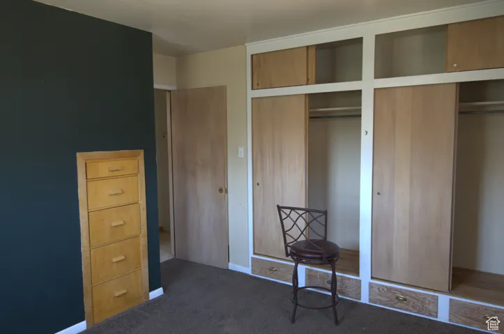 Bedroom with multiple closets and carpet flooring
