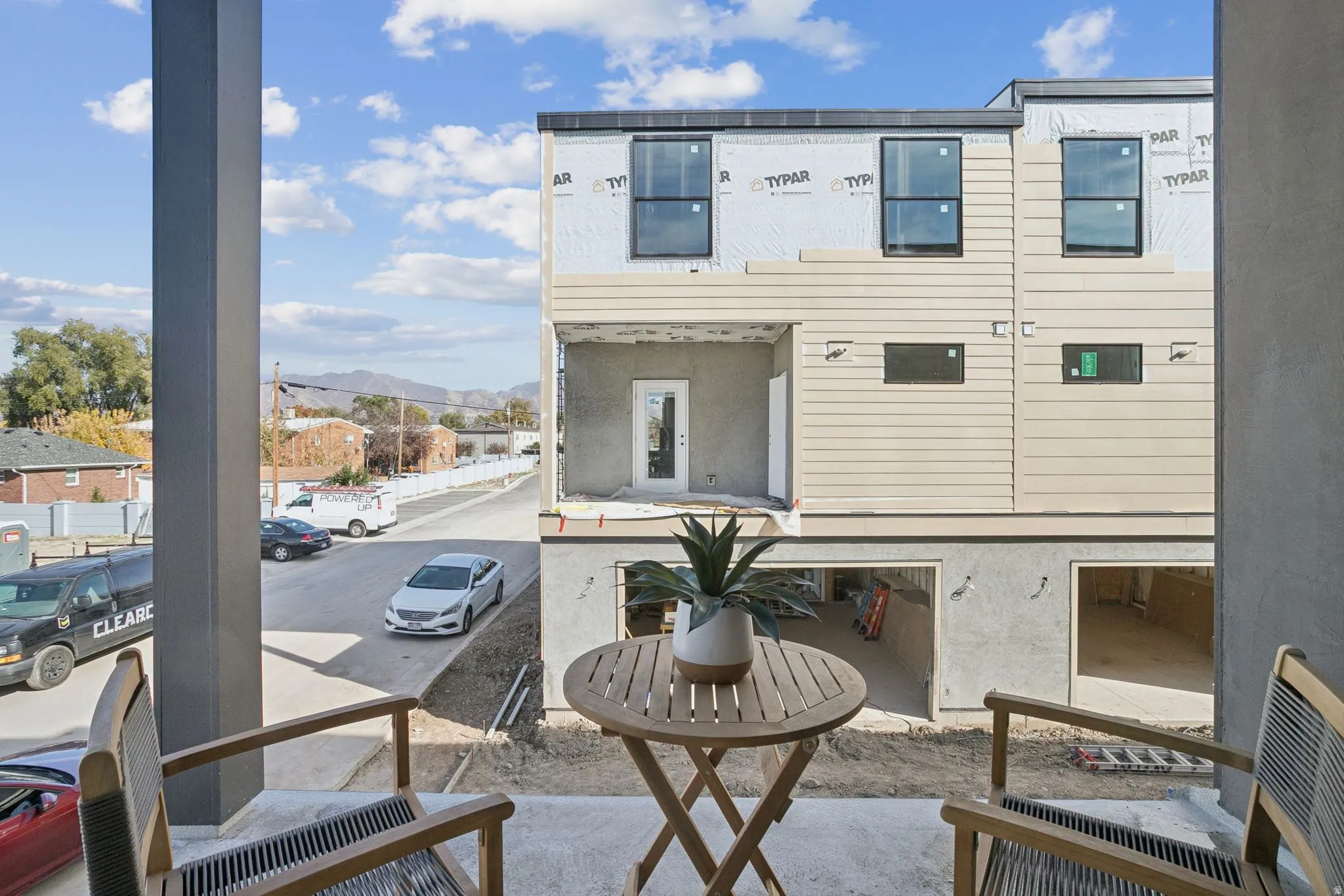 View of patio featuring a mountain view