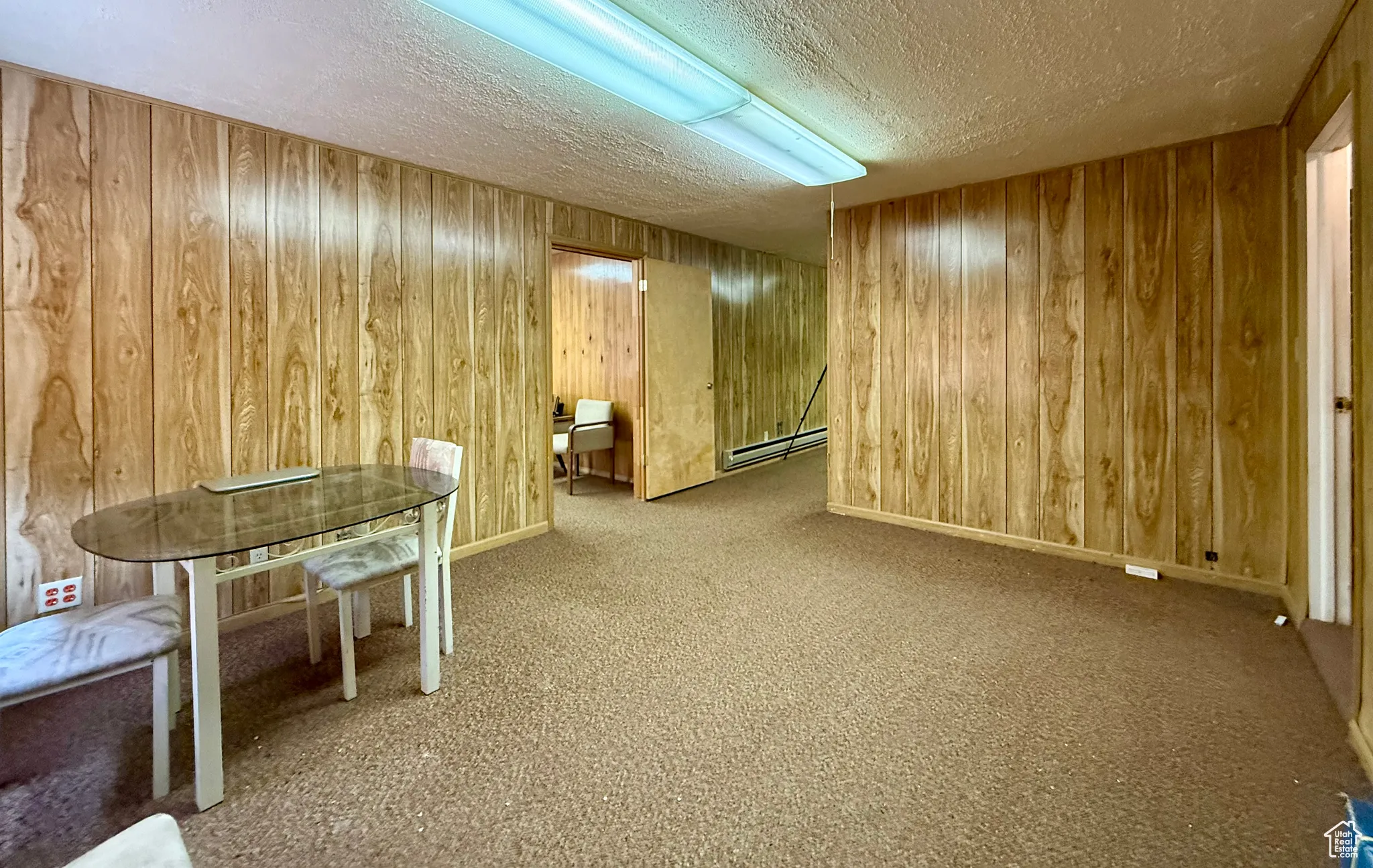 Finished below grade area featuring carpet floors, baseboard heating, wooden walls, and a textured ceiling