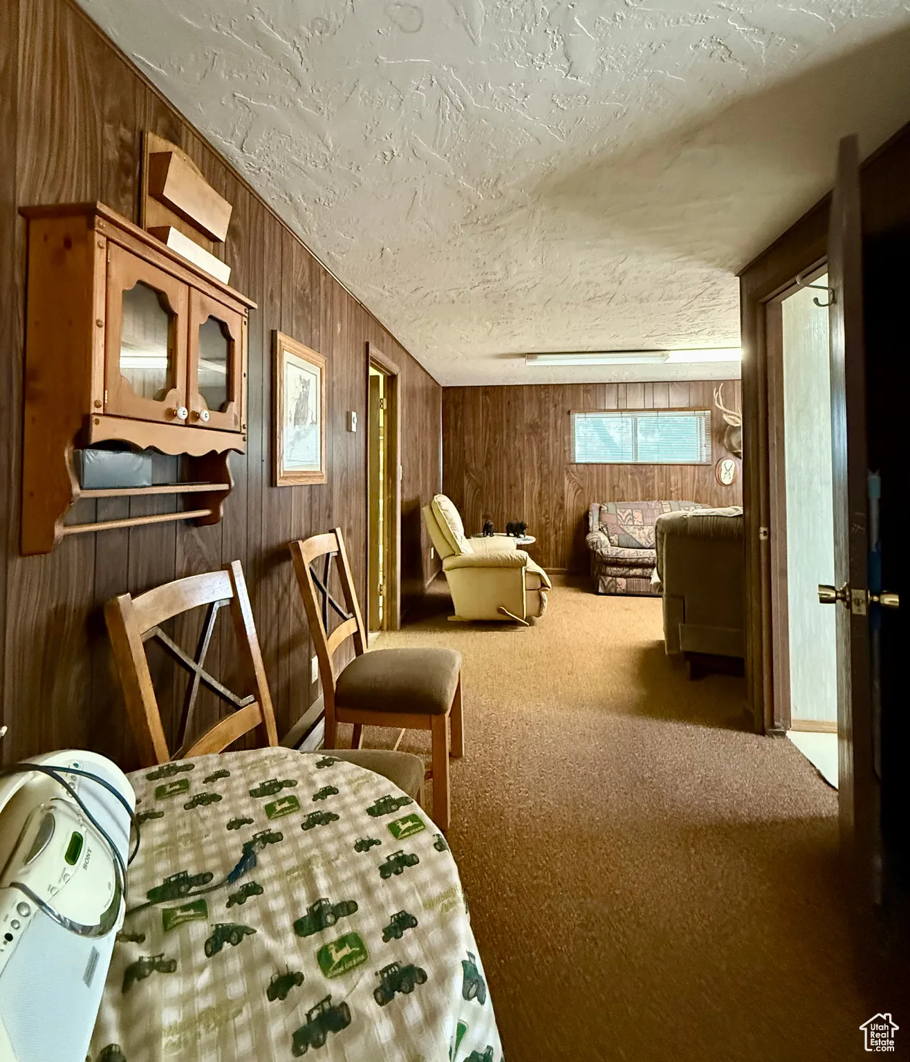 Living area with wood walls, carpet, and a textured ceiling