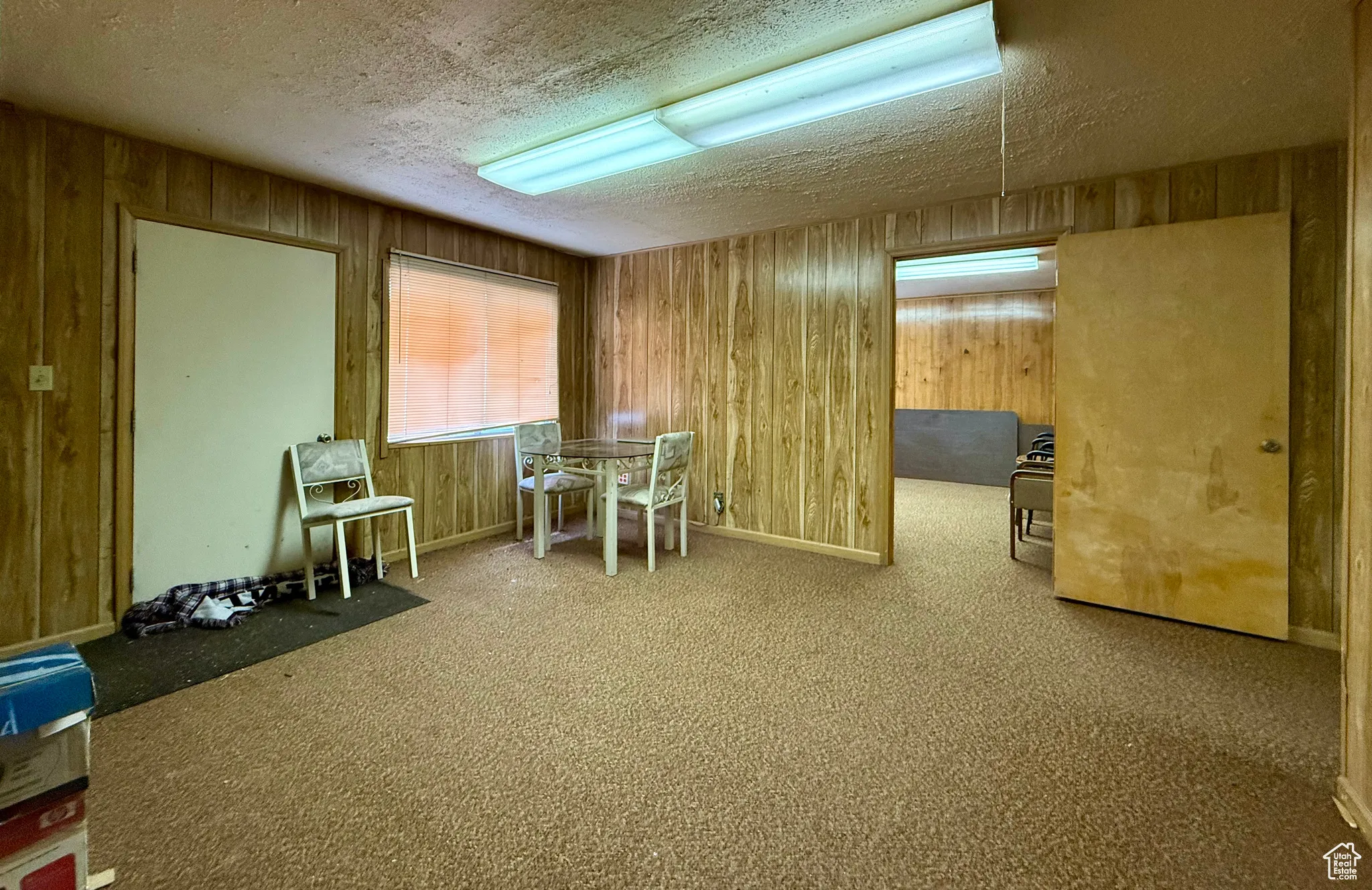 Living area featuring carpet flooring, a textured ceiling, and wood walls