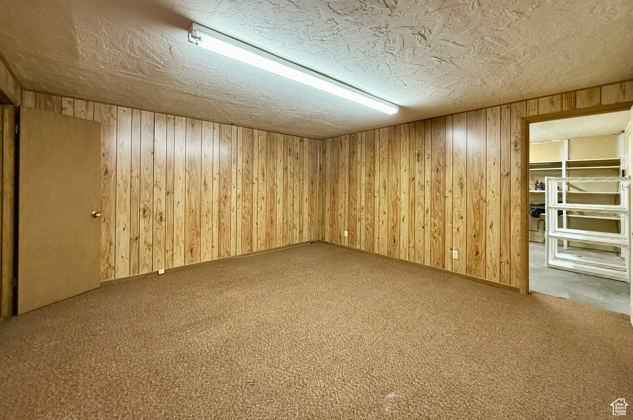 Finished below grade area with wooden walls and carpet flooring