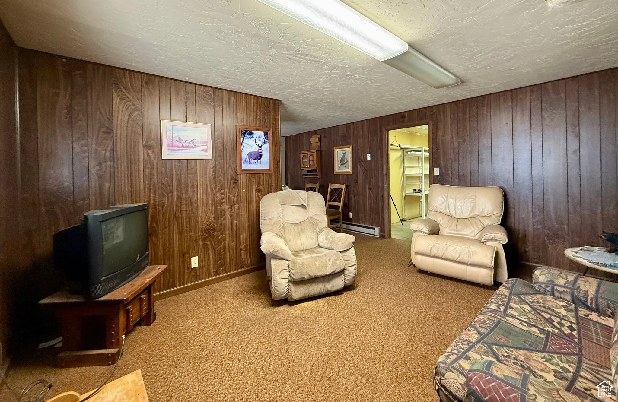 Carpeted living room with wooden walls, a textured ceiling, and baseboard heating