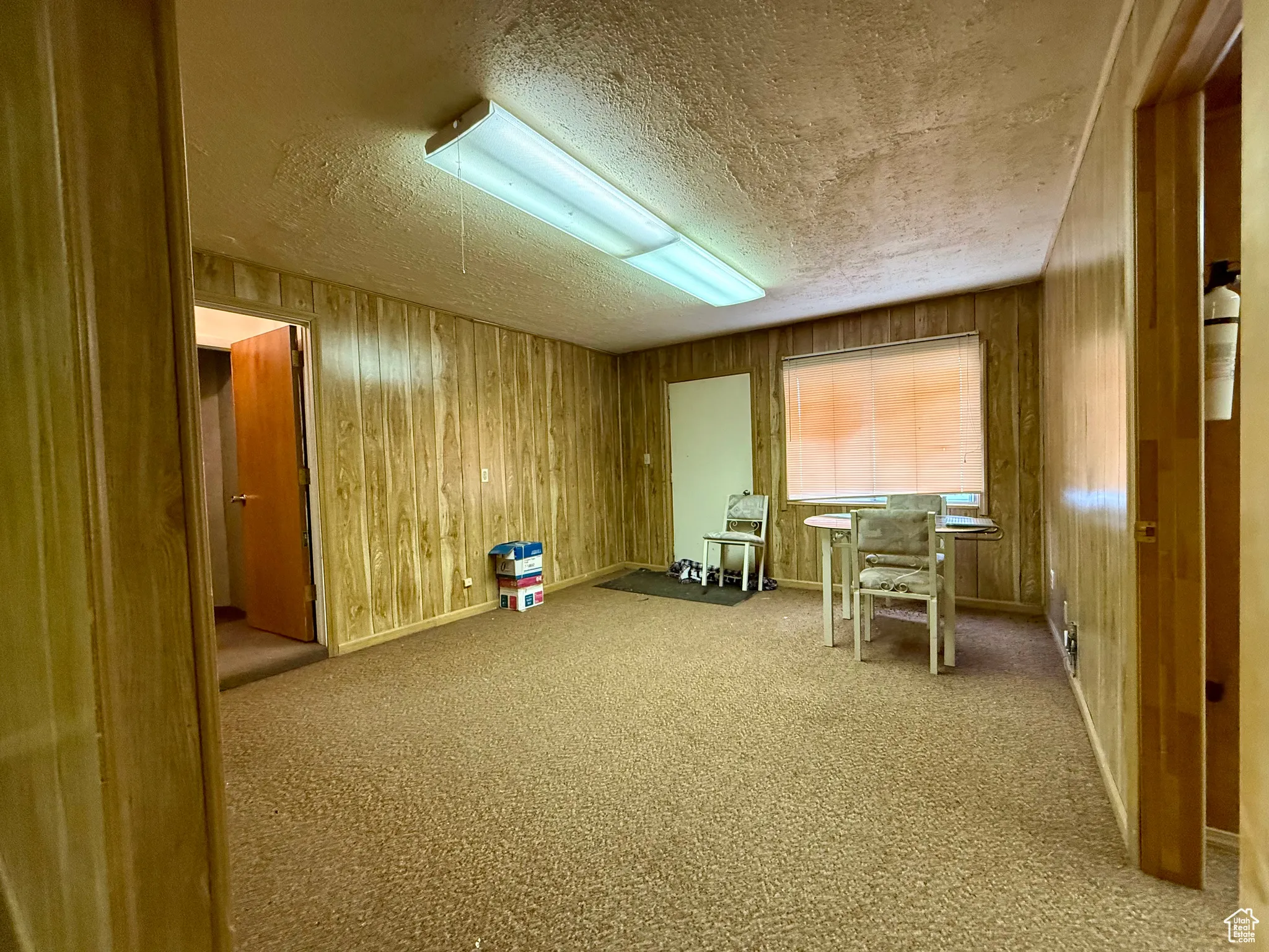 Interior space with carpet, wood walls, and a textured ceiling
