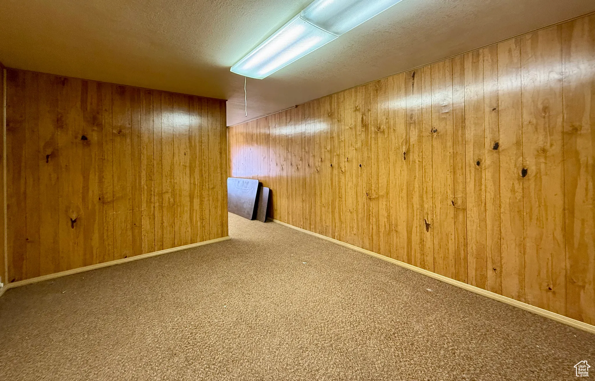 Basement featuring carpet, wood walls, and a textured ceiling