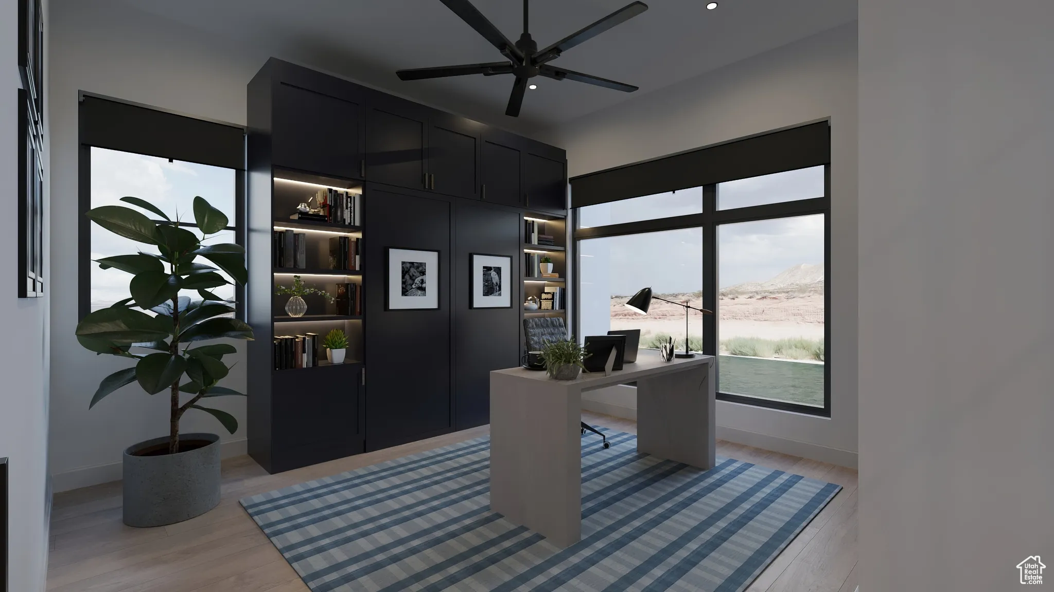 Office area with light wood-style floors, a ceiling fan, and recessed lighting