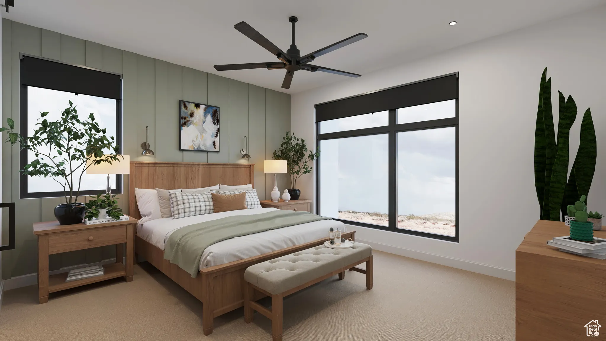 Bedroom with light colored carpet and ceiling fan