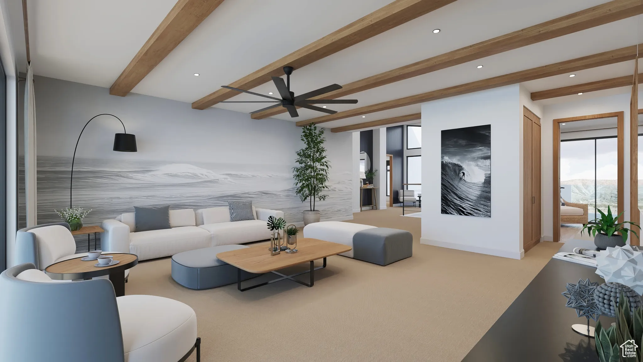 Living area with beamed ceiling, carpet flooring, a ceiling fan, and recessed lighting